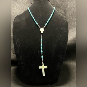 Turquoise and Silver Rosary/ cross Necklace